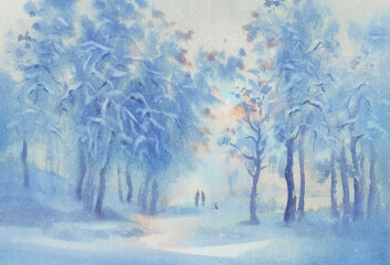 Forest trees in blue twilight watercolor background