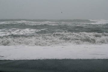 Ocean foam on beach monochrome landscape photo. Beautiful nature scenery photography with grey sky on background. Idyllic scene. High quality picture for wallpaper, travel blog, magazine, article