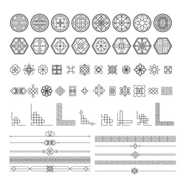 Traditional asian decorations. Korean frame borders, corners and dividers. Geometric stamp ornament, oriental line vector set