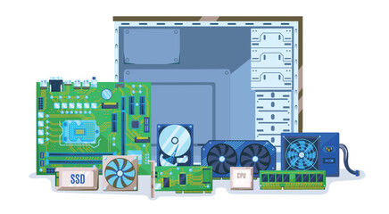 PC components. Computer case with electronic hardware parts. Build or upgrade personal computer vector illustration