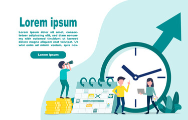 Time management. Planning and scheduling tools save time and money. Time is money, financial investment, revenue growth. Manage working time for more profit. Vector illustration Eps 10.
