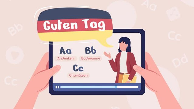 Animated learn German online concept. Looped 2D cartoon flat element on background with alpha channel transparency for web design. HD video footage. Language app creative idea animation