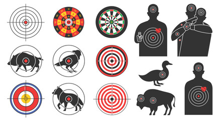Shooting targets. Animal silhouette, armed human and hostage target for shooting range. Prints with bullseye for hunting practice vector set © WinWin