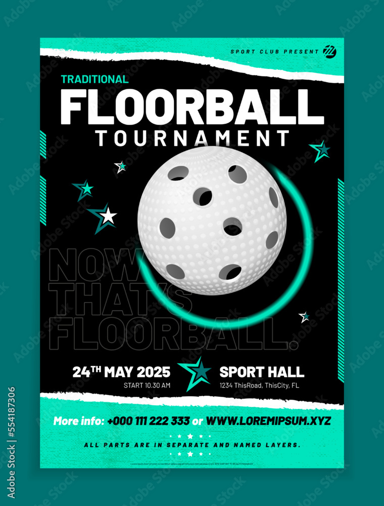 Sticker modern floorball poster template with sample text