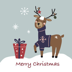 Christmas card with cute deer and congratulations. Vector illustration for your design.
