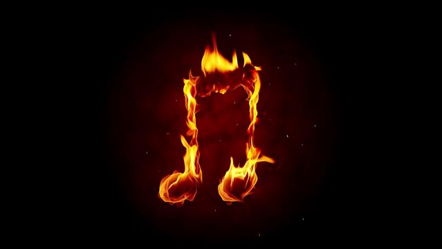 Burning musical notes made of real fire flame, sparks and smoke in slow motion isolated on black background.