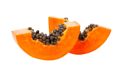 Piece of ripe papaya fruit with seeds isolated on transparent png