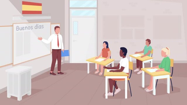 Animated Spanish class illustration. Learning foreign language. School lesson. Looped flat color 2D cartoon characters animation with school on background. HD video with alpha channel