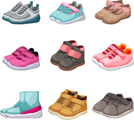 kid shoes set cartoon. child fashion, sport shoes, footwear boy, foot pair, style kid shoes vector illustration