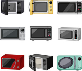 microwave oven set cartoon. food cooking, equipment kitchen, technology electrical, appliance cooking, button microwave oven vector illustration