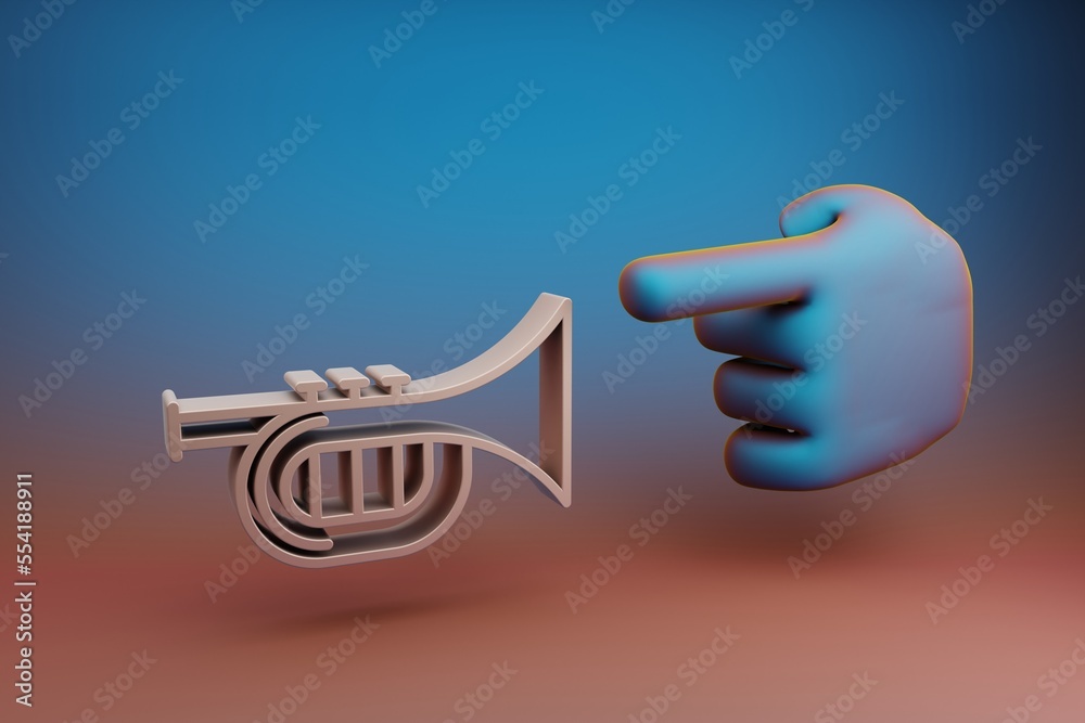 Poster Beautiful illustrations abstract Hand index finger points to Inclined Saxofon symbol icon on a multicolor bright background. 3d rendering illustration. Background pattern for design. Musical object.