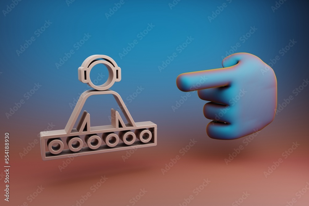 Poster Beautiful illustrations abstract Hand index finger points to DJ with Headphones symbol icon on a multicolor bright background. 3d rendering illustration. Background pattern for design. Musical object.