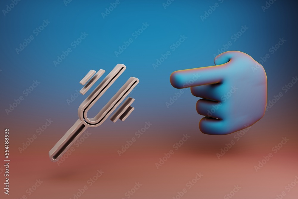 Aufkleber Beautiful illustrations abstract Hand index finger points to Tuning Fork Vibrating symbol icon on a multicolor bright background. 3d rendering illustration. Background pattern for design. 