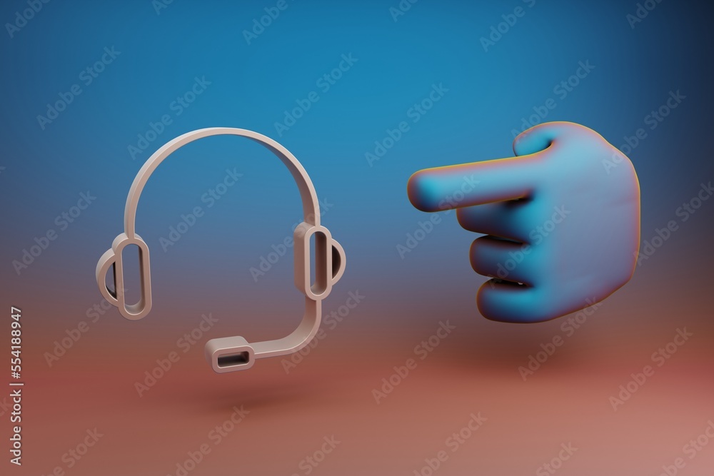 Poster Beautiful illustrations abstract Hand index finger points to Headphones with Mic symbol icon on a multicolor bright background. 3d rendering illustration. Background pattern for design. 