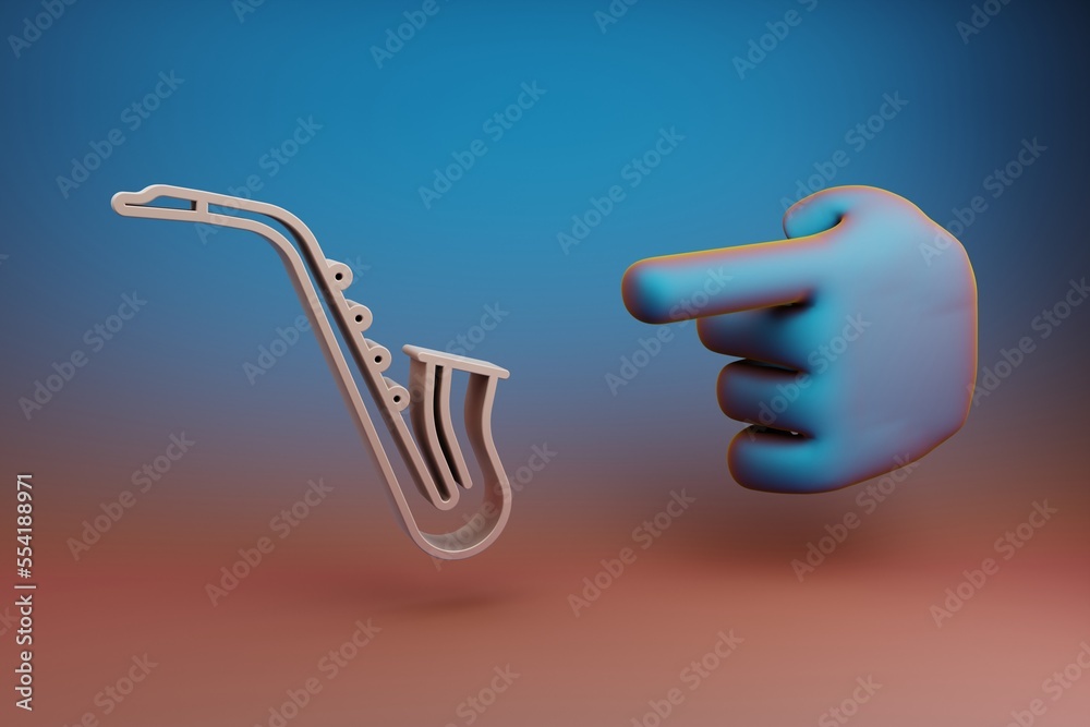 Leinwandbilder Beautiful illustrations abstract Hand index finger points to Inclined Saxofon symbol icon on a multicolor bright background. 3d rendering illustration. Background pattern for design. Musical object.
