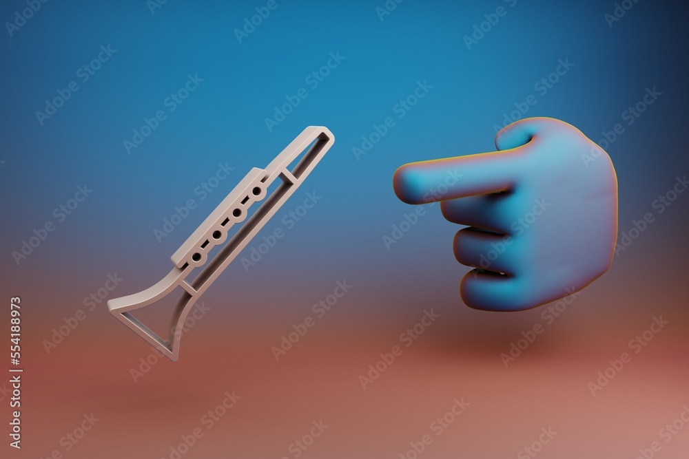 Leinwandbilder Beautiful illustrations abstract Hand index finger points to Inclined Clarinet symbol icon on a multicolor bright background. 3d rendering illustration. Background pattern for design. Musical object.