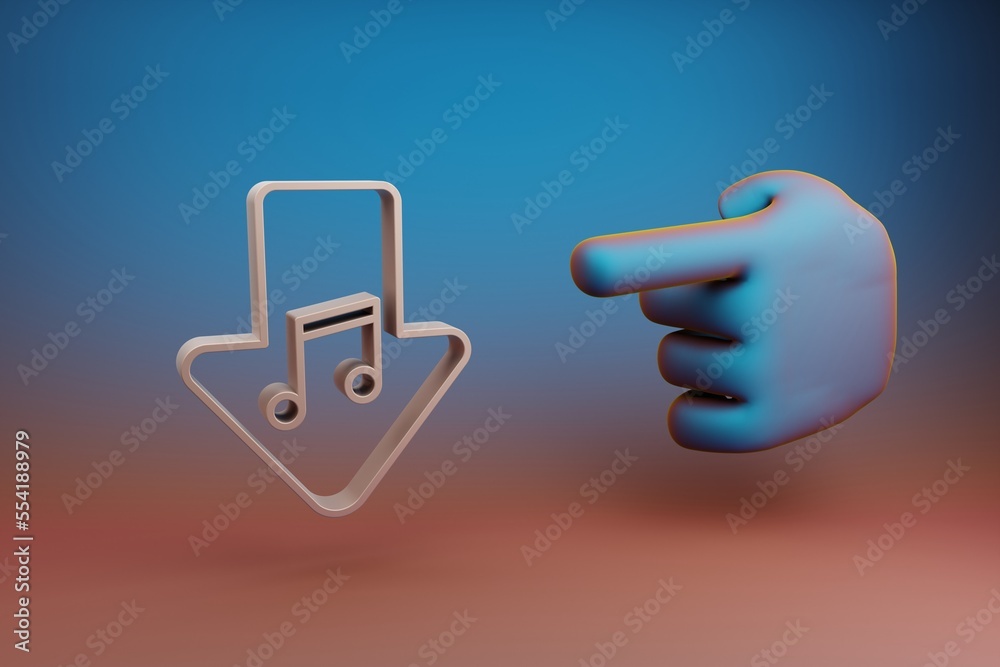 Aufkleber Beautiful illustrations abstract Hand index finger points to Download Music symbol icon on a multicolor bright background. 3d rendering illustration. Background pattern for design. Musical object.