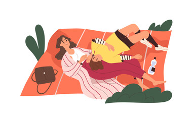 Fototapeta premium Girls, best friends relaxing together, lying on picnic blanket outdoors. Girlfriends resting in nature, talking. Happy women on summer holidays. Flat vector illustration isolated on white background