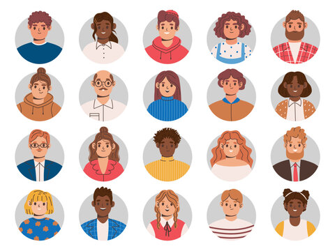Multiethnic people portraits. Employee avatar, professional person profile picture and team persons userpic in circle frame vector Illustration set