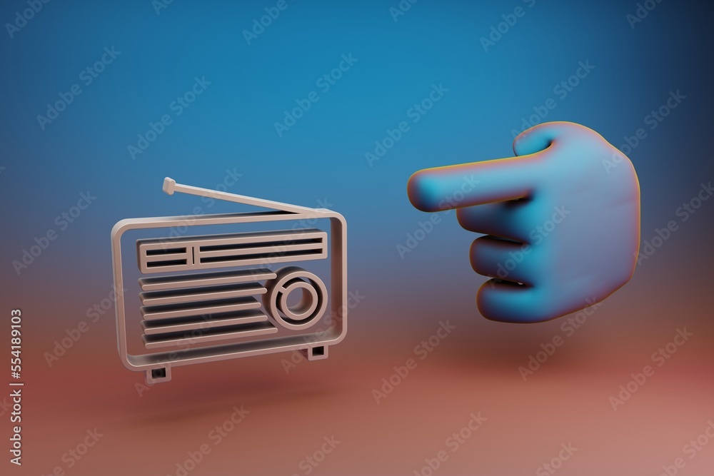 Poster Beautiful illustrations abstract Hand index finger points to Old Radio with Short Antenna symbol icon on a multicolor bright background. 3d rendering illustration. Background pattern for design