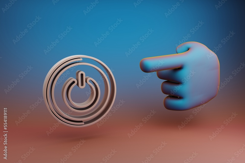 Poster Beautiful illustrations abstract Hand index finger points to Round Power Button symbol icon on a multicolor bright background. 3d rendering illustration. Background pattern for design. Musical object.