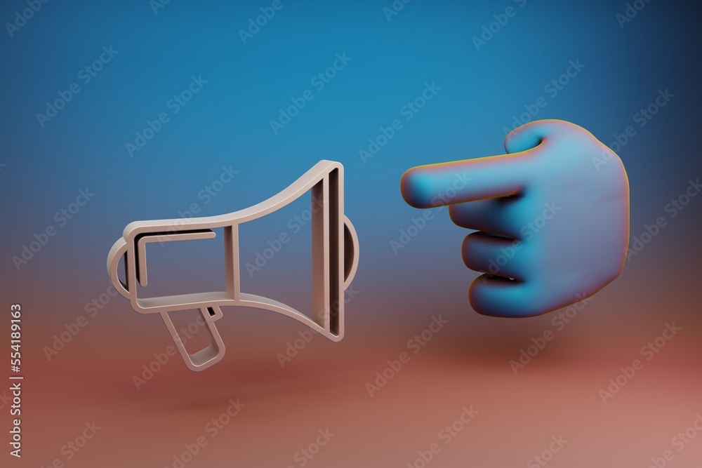 Poster Beautiful illustrations abstract Hand index finger points to Shout Megaphone symbol icon on a multicolor bright background. 3d rendering illustration. Background pattern for design. Musical object.