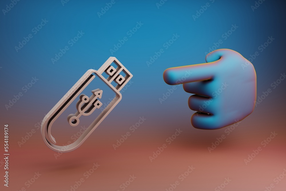 Poster Beautiful illustrations abstract Hand index finger points to Pendrive Device symbol icon on a multicolor bright background. 3d rendering illustration. Background pattern for design. Musical object.