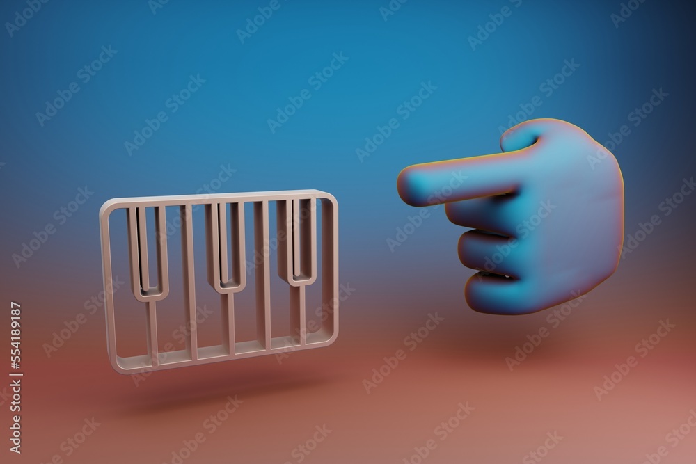 Fototapete Beautiful illustrations abstract Hand index finger points to Piano Keys symbol icon on a multicolor bright background. 3d rendering illustration. Background pattern for design. Musical object.