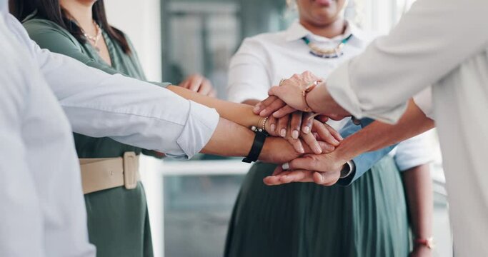 Teamwork, collaboration and hands of business people in huddle for team building. Support, motivation and unity of group for trust, solidarity or targets, mission or vision, goals or success mindset.
