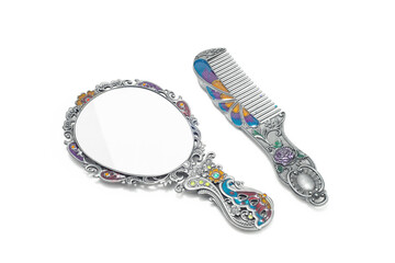 Traditional mirror and comb set on white background,  Made from metal have beautiful pattern and colorful, It's for sell to tourist souvenir or gift in Vietnam country - obrazy, fototapety, plakaty