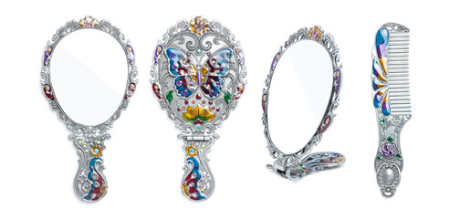 Traditional mirror and comb set on white background,  Made from metal have beautiful pattern and colorful, It's for sell to tourist souvenir or gift in Vietnam country