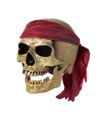 Human skull put on a red turban in open the mouth pose isolated on white background