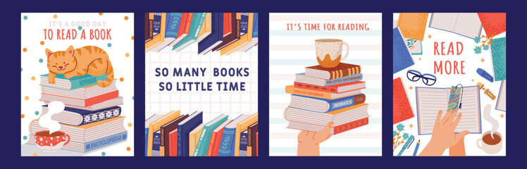Book posters. Stack of literature flat cartoon school university backgrounds, geometric magazine cover design read learn more concept. Vector banner set