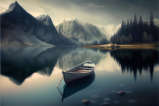  A Boat Is Sitting On The Water Near Mountains And A Lake With Rocks In It And A Man In A Canoe.