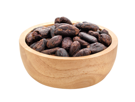 Group of roasted unpeeled cocoa beans in wood bowl isolated on transparent png