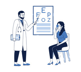Ophthalmologist checkup flat color linear vector characters. Editable figures. Full body people on white. Cartoon style thin line illustration for web graphic design and animation. Quicksand font used