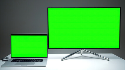 New TV models. Action.A small laptop that is comfortable to use and a large plasma TV with green screens.