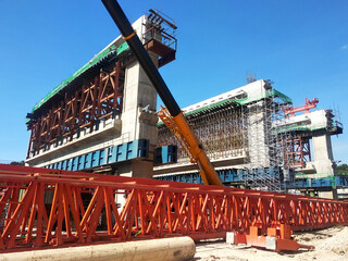 SELANGOR, MALAYSIA -JULY 6, 2022: An elevated road is under construction. Reinforced concrete is...