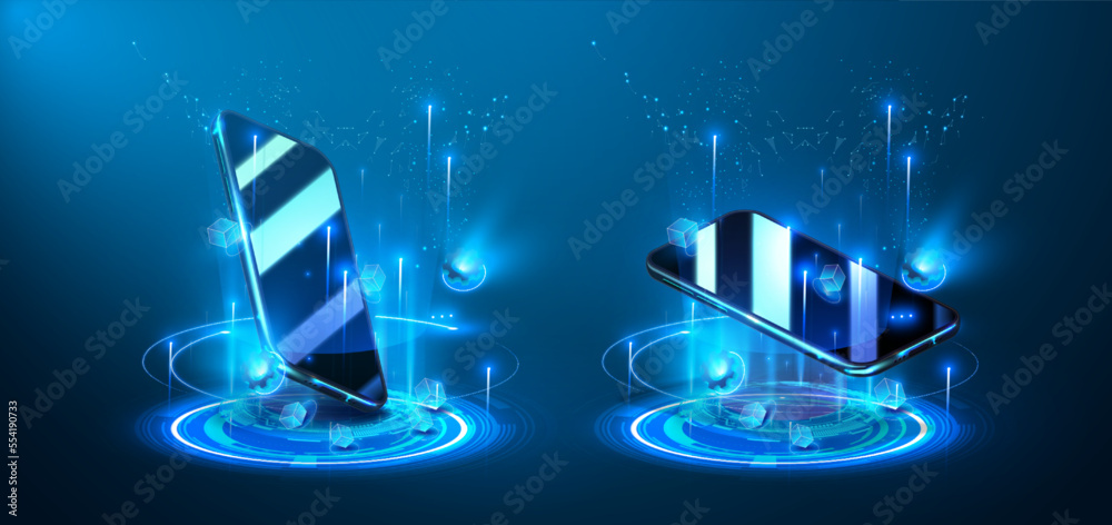 Poster hologram 3d futuristic mobile phone. abstract digital user interface technology. smartphone hangs in