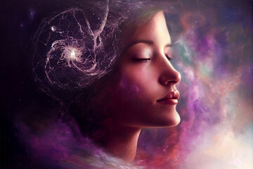 Portrait of woman in outer space. Woman of universe. Man of peace.