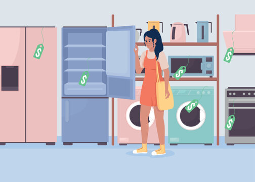 Choose refrigerator flat color vector illustration. Woman buy house appliance. Household equipment store. Fully editable 2D simple cartoon characters with showroom on background. Bebas Neue font used