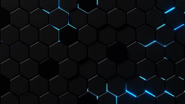 Moving hexagons illuminated in blue light. Infinitely looped animation