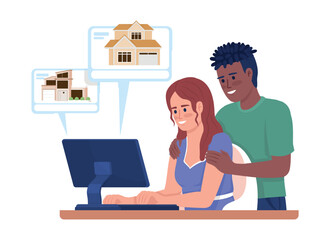 Choosing real estate online 2D vector isolated illustration. Buying property. Young couple select house flat characters on cartoon background. Colorful editable scene for mobile, website, presentation