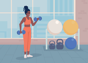 Woman demonstrating biceps flat color vector illustration. strength exercise. Training arms. Fitness workout. Improve muscle. Fully editable 2D simple cartoon characters with gym on background