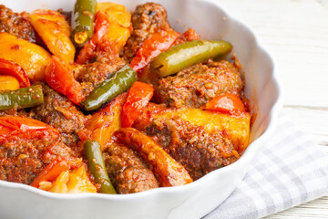Traditional Homemade Turkish Food Kofte - Kofta with Tomato Sauce and Potatoes. (Turkish name; Izmir kofte)