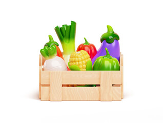 Wooden box with fresh and healthy vegetables cartoon 3d render illustration