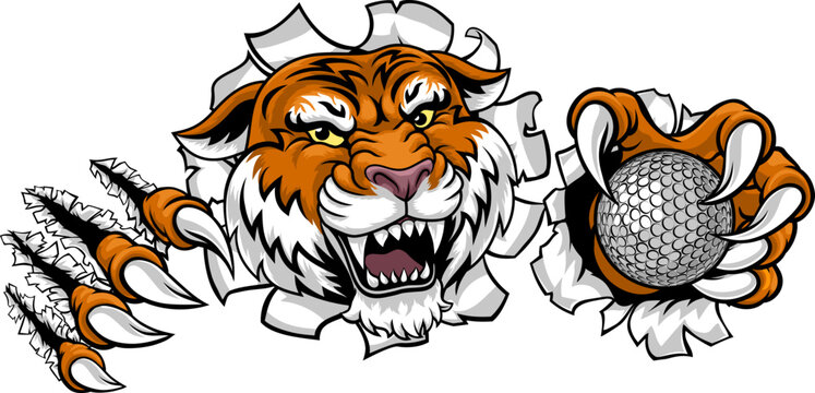 A tiger with golf ball sports team cartoon animal mascot