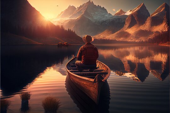 12-12-2022 Riga, Latvia  a man sitting in a boat on a lake at sunset with mountains in the background and a boat in the foreground. Generative AI
