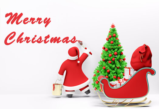 Santa Claus writes with red paint Merry Christmas. Merry Christmas card, next to it are sleigh with gifts and christmas tree. 3D rendering