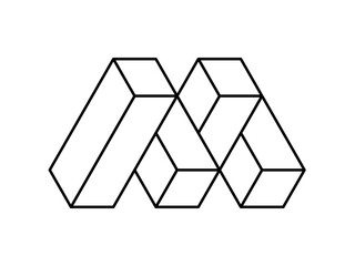 3d letter M logo template. Letter M made of rectangles. Impossible cubes shape. Linear isometric design element. Architecture construction building industry. Puzzle game. Vector illustration, clip art